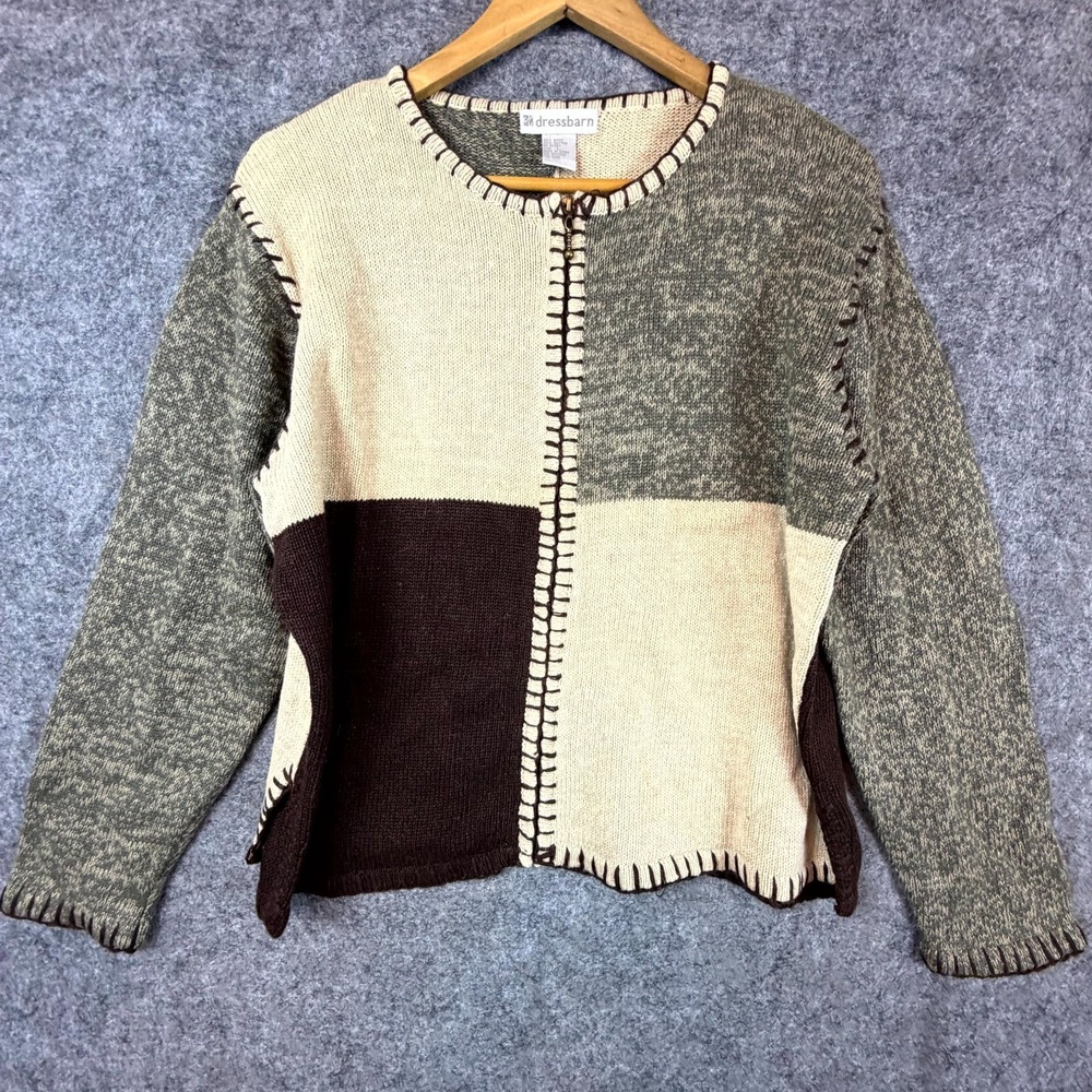 VTG Dressbarn Cardigan Sweater Womens Large Gray Beige Colorblock Patchwork Zip